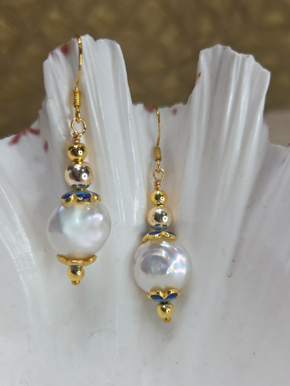 Gold and White Pearl Drop 925 Earrings - Enamel Flower Caps Women Jewelry